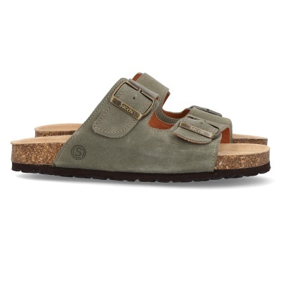 Sandálias verdes com fivelas metálicas e sola de cortiça