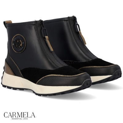 Botins pretos com detalhes bege, sola branca, fecho éclair frontal e patch decorativo circular