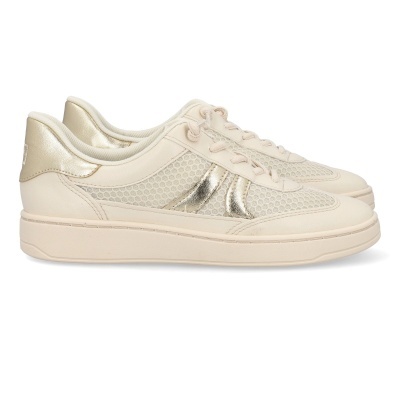 Ténis de senhora bege e dourado com malha e couro sintético