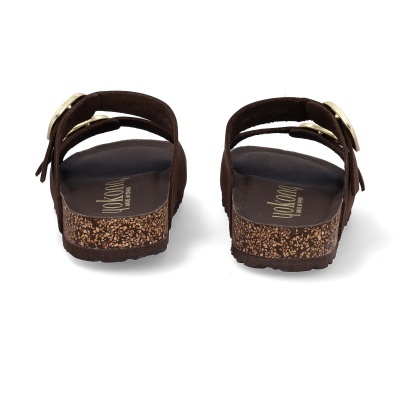 Sandálias castanhas de sola tipo cortiça com tiras e fivela dourada