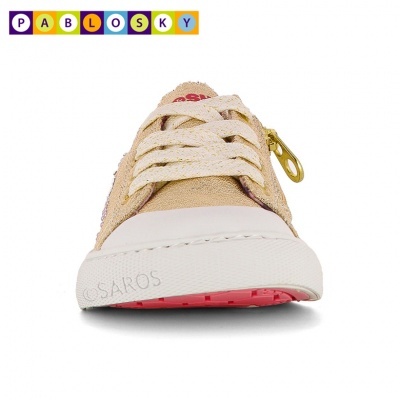 Ténis infantil Pablosky bege com sola branca e fecho lateral dourado