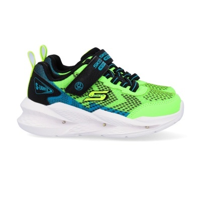 Ténis infantis Skechers em verde fluorescente, azul e preto com sola branca e fecho de velcro
