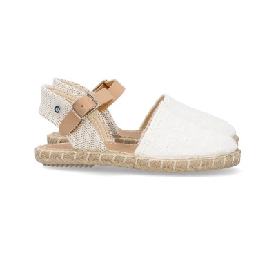 Sandálias de mulher com sola em cortiça e tecido branco com padrão floral