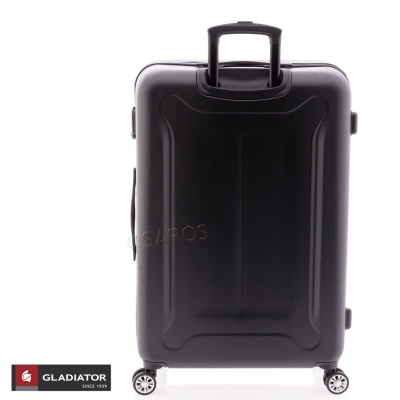 Mala de viagem rígida preta com quatro rodas giratórias e pega retrátil