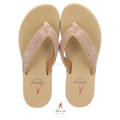 Chinelos de dedo mulher bege com tiras rosa claro texturizadas