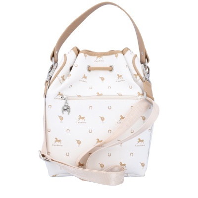 Mala branca com padrões de cavalos e ferraduras castanhos e duas alças de diferentes tamanhos