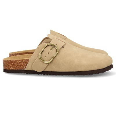 Sapatos mule de camurça bege com fivela dourada e sola de cortiça