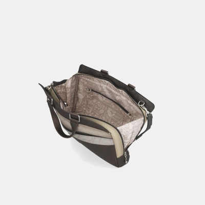 Mala de ombro em pele castanha e bege com interior forrado e bolso