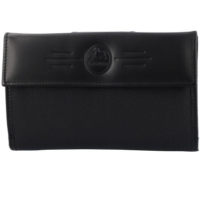 Carteira preta com couro e tecido, logo Cavallinho em relevo.