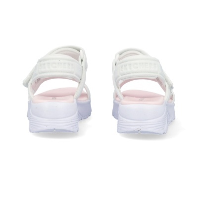 Sandálias desportivas brancas Skechers com sola branca e interior cor-de-rosa vistas de trás