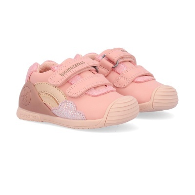 Ténis infantis rosa e bege com velcro e detalhes brilhantes