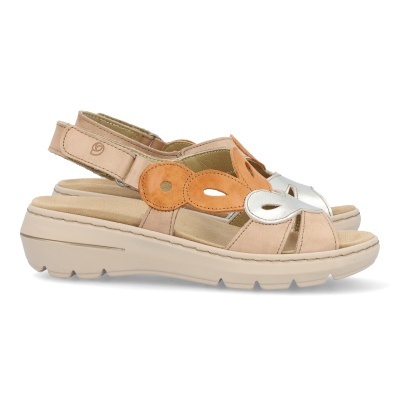 Sandálias de senhora bege, laranja e branco com sola grossa e fecho de velcro.