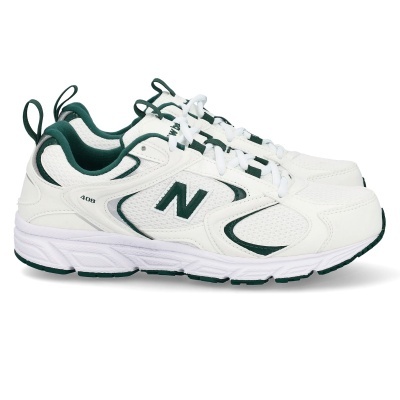 Ténis desportivos New Balance 408 branco e verde em fundo branco
