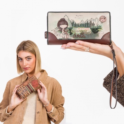 Carteira feminina colorida com design ilustrativo e texto Anekke