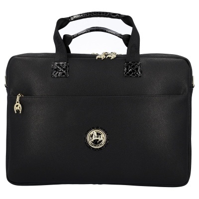 Pasta preta com pegas padrão cobra e detalhe dourado