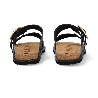 Sandálias com sola de cortiça e tiras pretas com fivela dourada