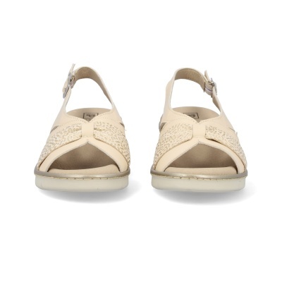 Sandálias femininas bege com detalhes em relevo e tira traseira ajustável