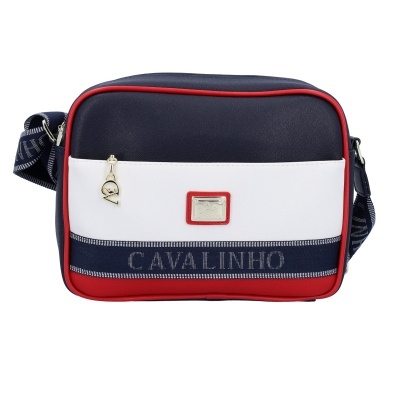 Bolsa de ombro azul, branco e vermelho com texto CAVALINHO