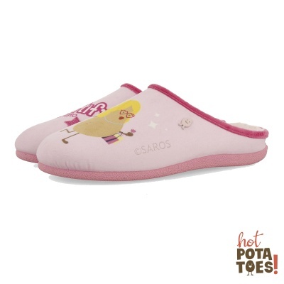 Chinelos rosa com desenho de personagem amarela e texto hot POTATOES!