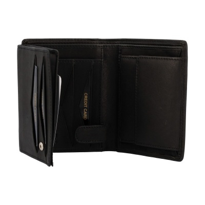 Carteira preta de pele aberta com compartimentos para cartões e moeda