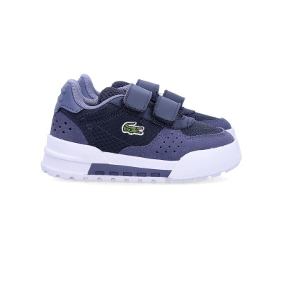 Ténis desportivos para criança em tons de azul e branco com fecho de velcro e logotipo de crocodilo