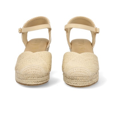 Sandálias de senhora bege claro com salto espadrille de corda trançada e tira com fivela