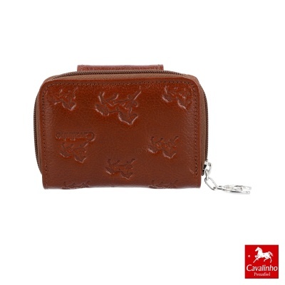 Carteira castanha em pele com padrão em relevo de cavalos