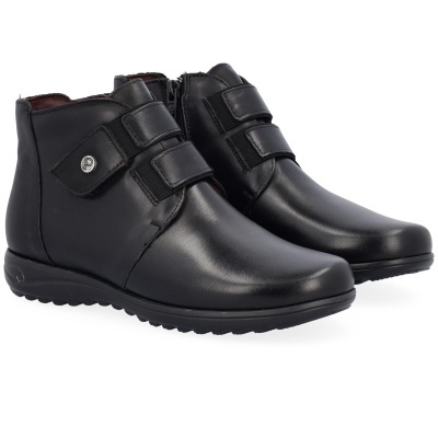 Botas pretas para mulher em pele com fecho de correr lateral e duas tiras de velcro