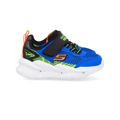 Ténis infantil azul, preto, verde e laranja com velcro e sola branca