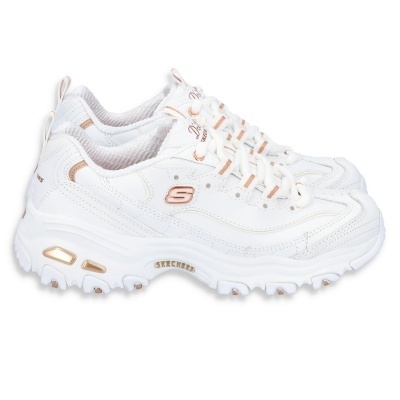 Ténis brancos Skechers com sola grossa e detalhes bege e rosa