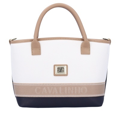 Mala de mão branca, bege e azul escuro com logótipo metálico e texto Cavalinho.