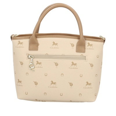 Mala de mão bege com padrão de cavalos e alças castanhas