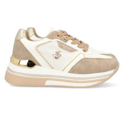 Ténis bege branco com detalhes dourados