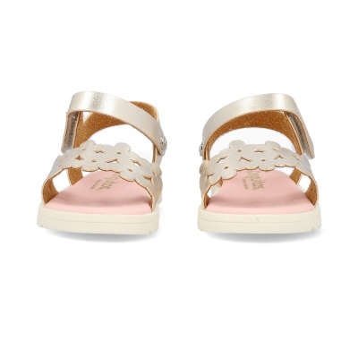 Sandálias infantis cor pérola com tiras florais e palmilha rosa