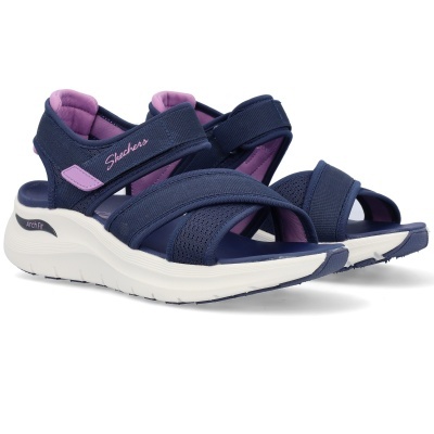 Sandálias Skechers azuis com forro lilás e solado branco grosso