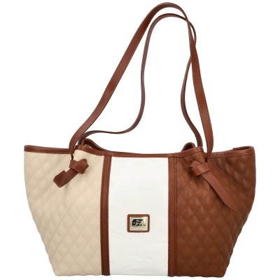 Mala de senhora acolchoada nas cores bege, branco e castanho com detalhes em couro castanho.