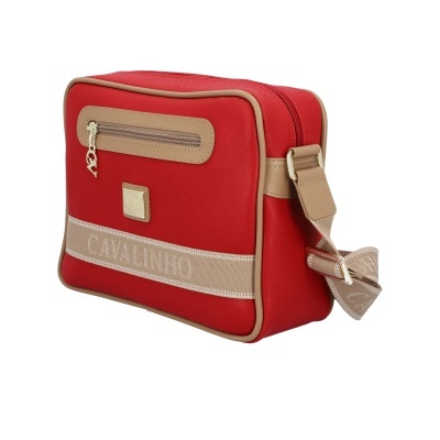 Mala de ombro vermelha com detalhes em bege e escrita Cavalinho
