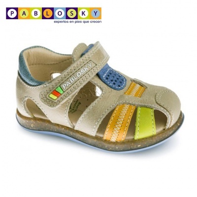 Sandália infantil Pablosky em pele bege com detalhes coloridos e fecho de velcro