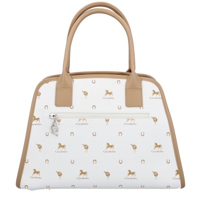 Mala branca com padrões castanhos de cavalo, ferraduras, e chapéu com alças castanhas.