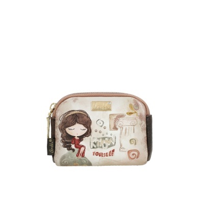Carteira pequena beige com estampa de rapariga e texto Know Yourself