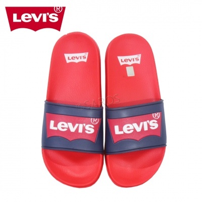 Chinelos vermelhos Levi's com correia azul escura e logótipo Levi's