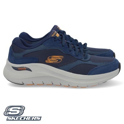 Sapatilhas Skechers azul escuro com detalhes laranja e sola branca