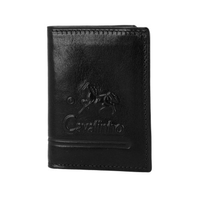 Carteira preta de couro com relevo frontal de cavalo e texto Cavalinho