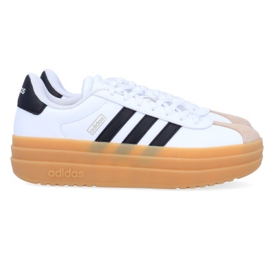 Ténis Adidas branco com riscas pretas e sola alta cor de caramelo