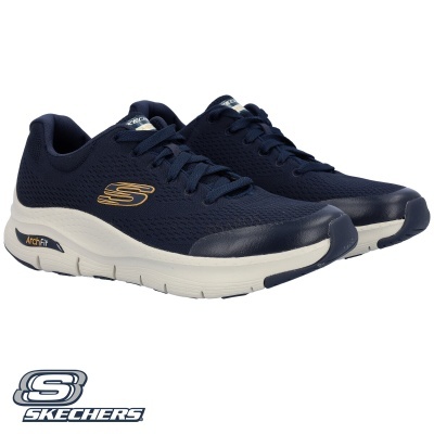 sapatilhas desportivas Skechers azuis com sola branca e logo dourado