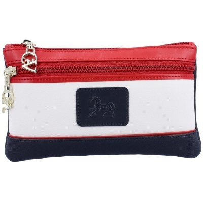 Estojo vermelho, branco e azul escuro com emblema de cavalo e fechos de correr VD