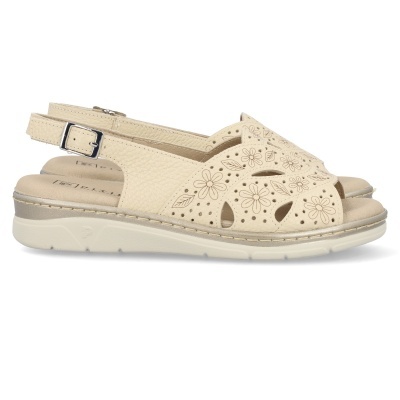 Sandálias abertas bege claro com padrão floral e sola branca