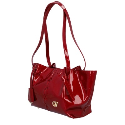 Mala de senhora vermelha em verniz brilhante com alças e detalhe metálico