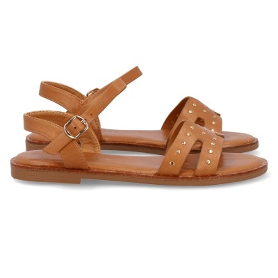 Sandálias de mulher castanho claro com rebites dourados e fivela