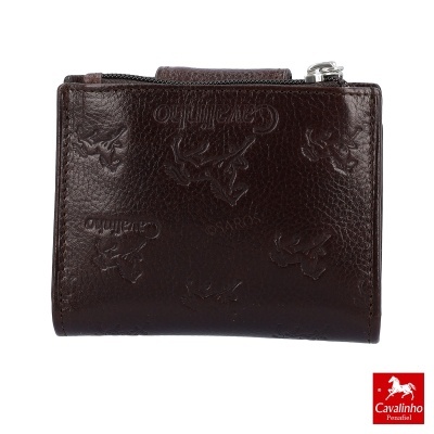 Carteira de pele castanha com relevo de cavalos e fecho prateado
